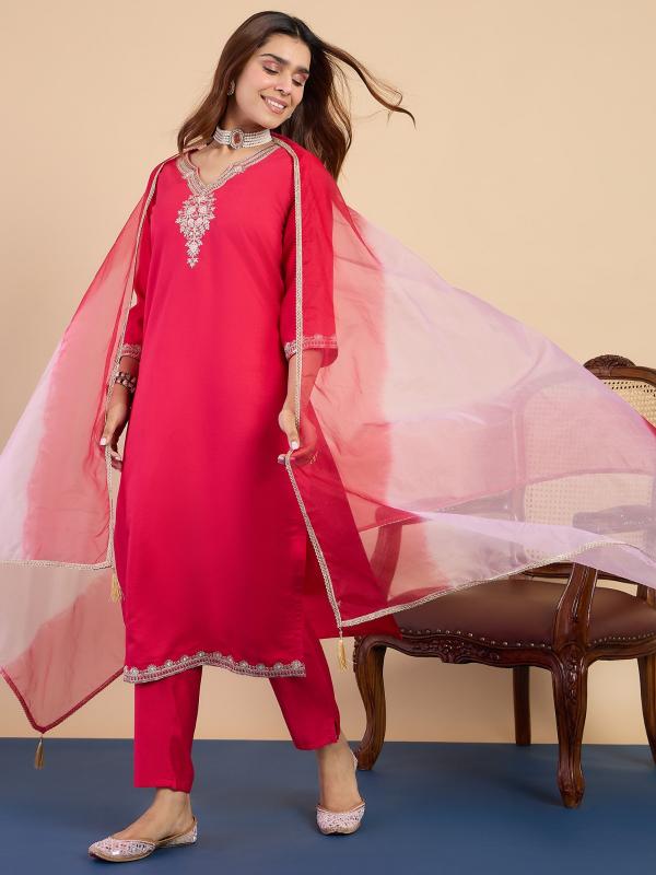 VP 9853 P Women’s Floral Embroidery Gadwal Silk Straight Kurta Pant with Organza Dupatta 3pc Set